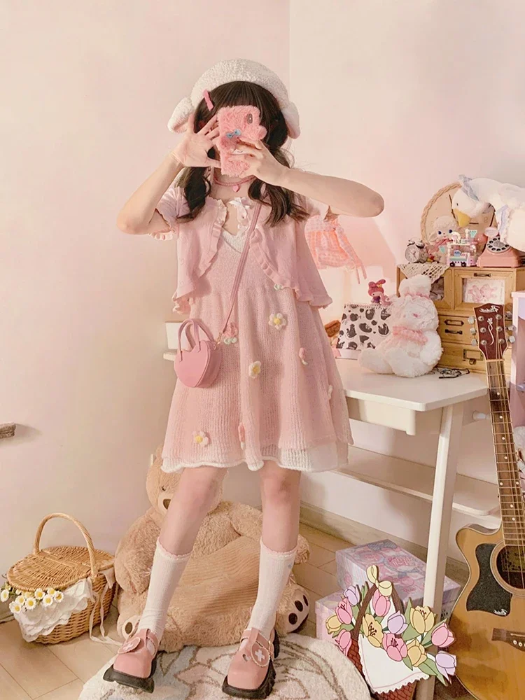 Pink Set Women Hook Flowers Lace-up Hollow Out Multi-piece Dresses Bow Pearl Buttons Knitted Cardigan Sweet Girl Kawaii Clothes