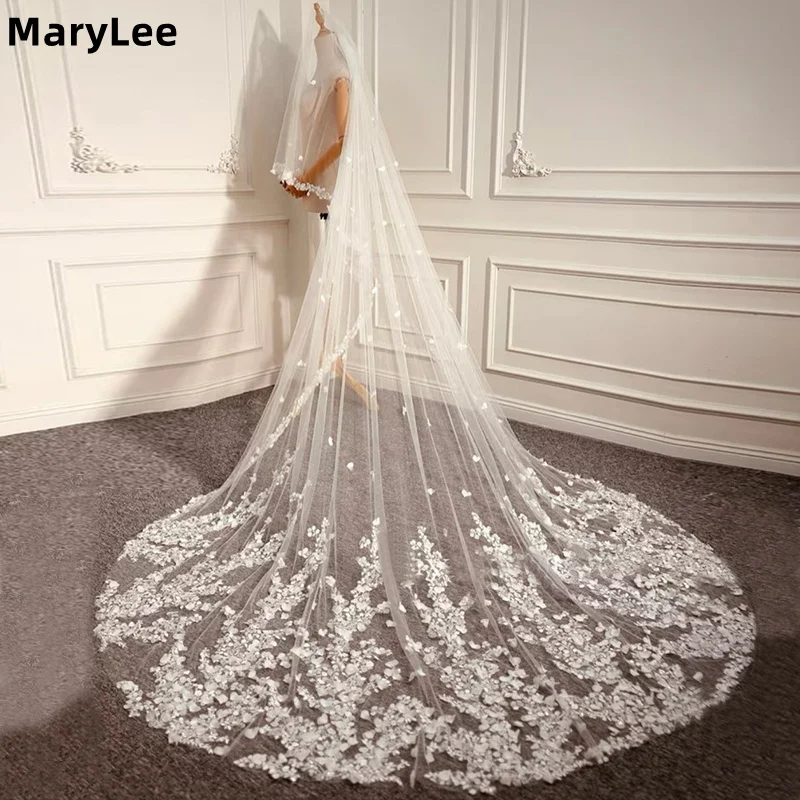 

Индивидуальная сказочная кружевная фата с цветочным принтом и румянами, одноуровневая соборная фата без расчески, свадебные аксессуары для невесты 3 м