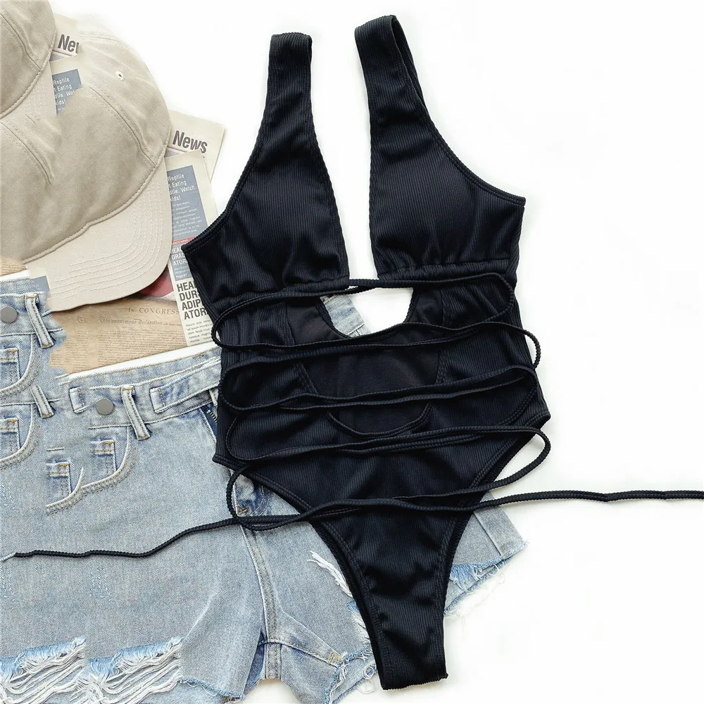 

Black Ribbed Swimwear String Lace-up One Piece Swimsuit Women 2025 Hollow Out Monokini High Cut Bathing Swimming One-Piece Suits