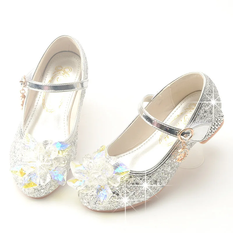 Pretty Crystal Flowers Princess Kids Leather Shoes Casual Glitter Children High Heel Girls Party Dance Student Performance Shoes