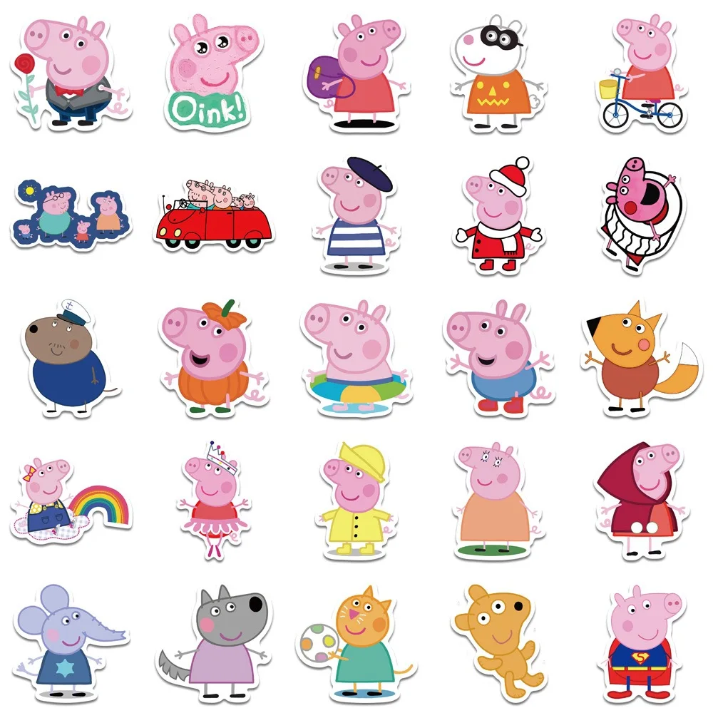 50 Pcs/Set of Peppa Pig Cute Cartoon Sticker Decorative Mobile Phone Water Cup Notebook Suitcase Waterproof Sticker Kids Toys