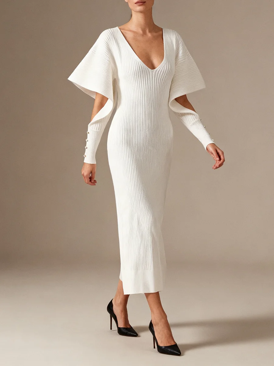 VGH Sexy Fashion Party Irregular Sleeve Mid Dress for Women Deep Neck Patchwork Cut Out Designer Knitted Bodycon Dresses Female