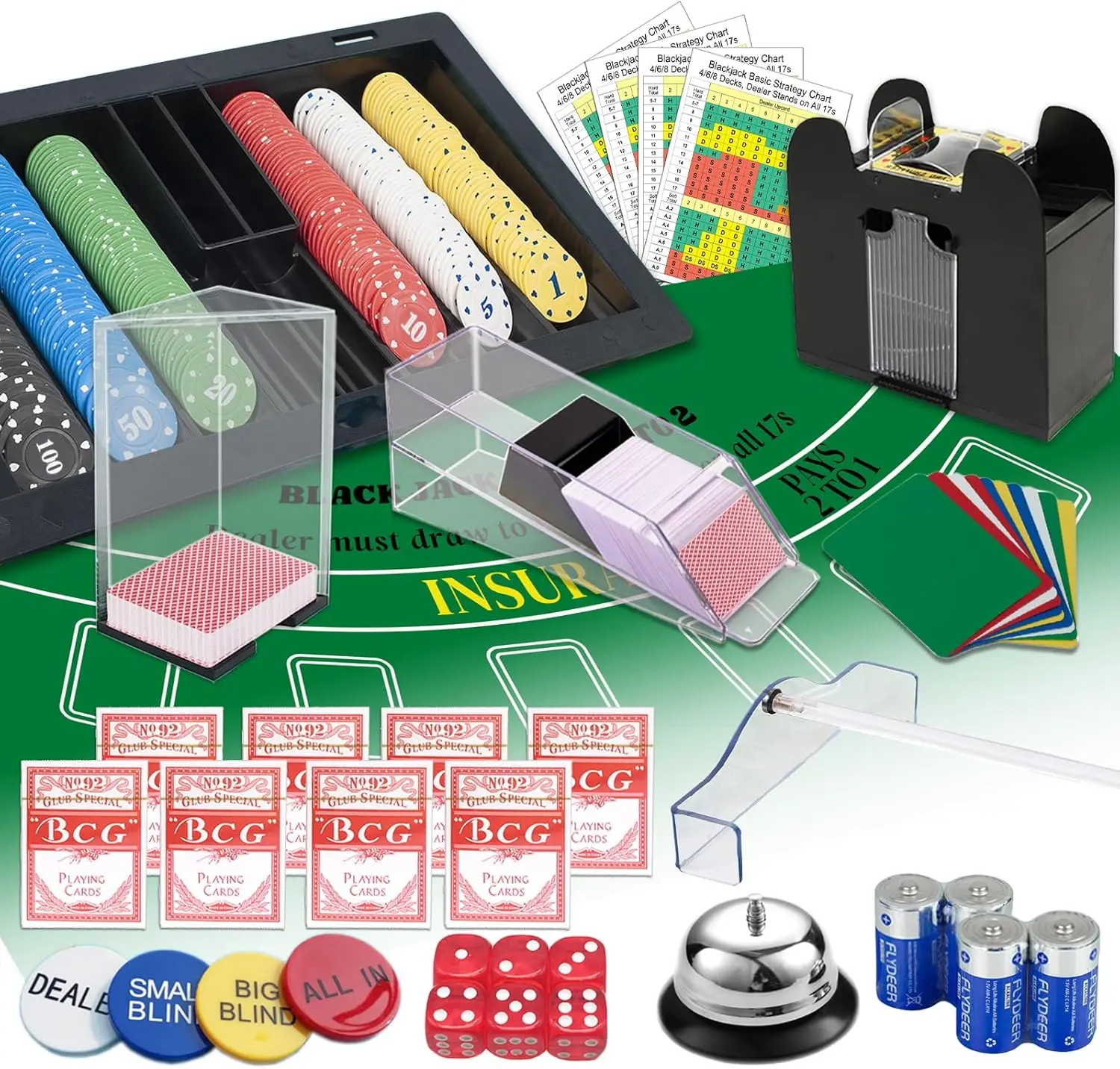 Casino Game Set: 6 Deck Shuffler+360pcs Chips+8 Poker Cards+Card Shoe+Chip Rake+Felt+Accessories, Blackjack Set & Texas Holdem C