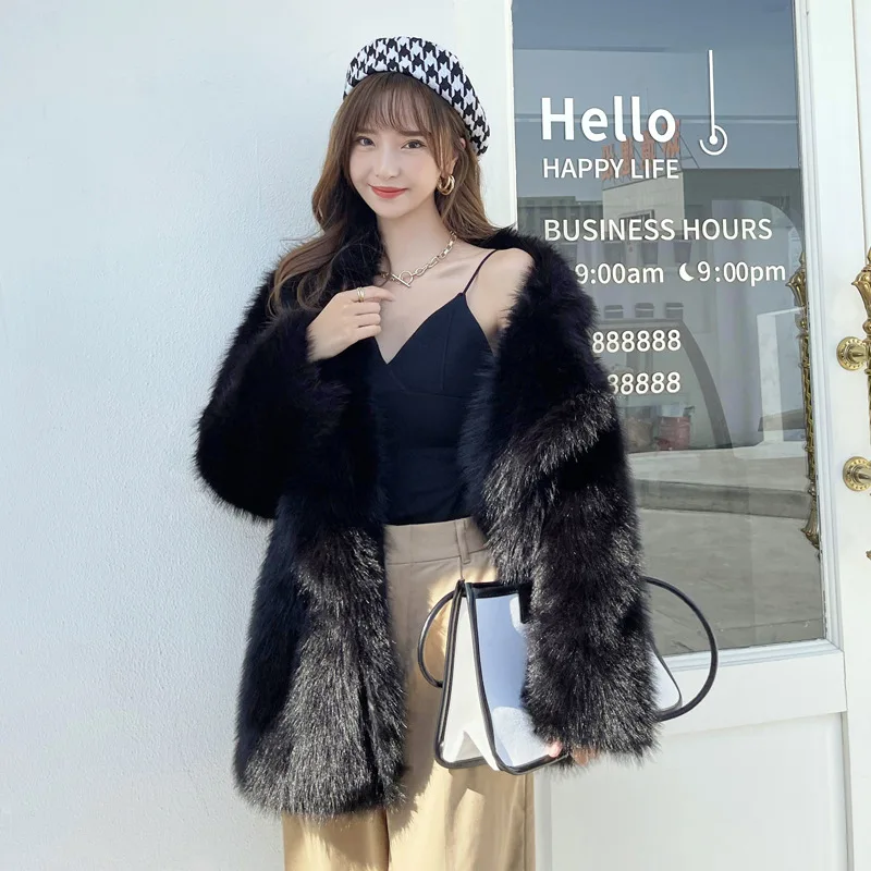 European and American Fur Imitation Tuscany Fur Medium Length Toka Lapel Fur Patchwork Fox Fur Coat