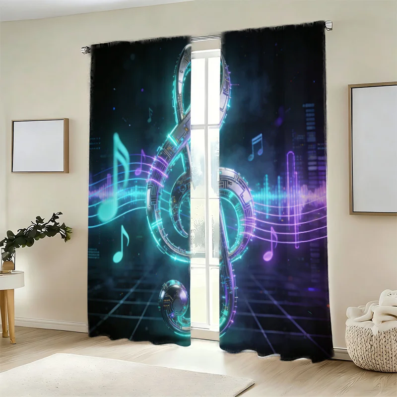 2pcs Music Note Curtains Neon Treble Clef Sound Wave Print Drape Studio Bedroom Window Treatment Artistic Home Decor Panels