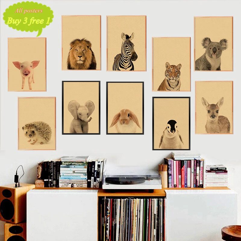 Lion Tiger Elephant Giraffe Baby Animals Retro Kraft Poster Modern Animal Painting Nordic Kid Bedroom Decoration Picture