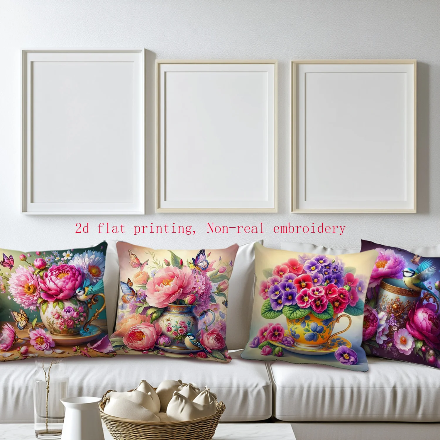 Juego  4 piezas, impresión plana 2D, fundas  almohada para días festivos con diseños  flores frescas y pájaros, acuadas
