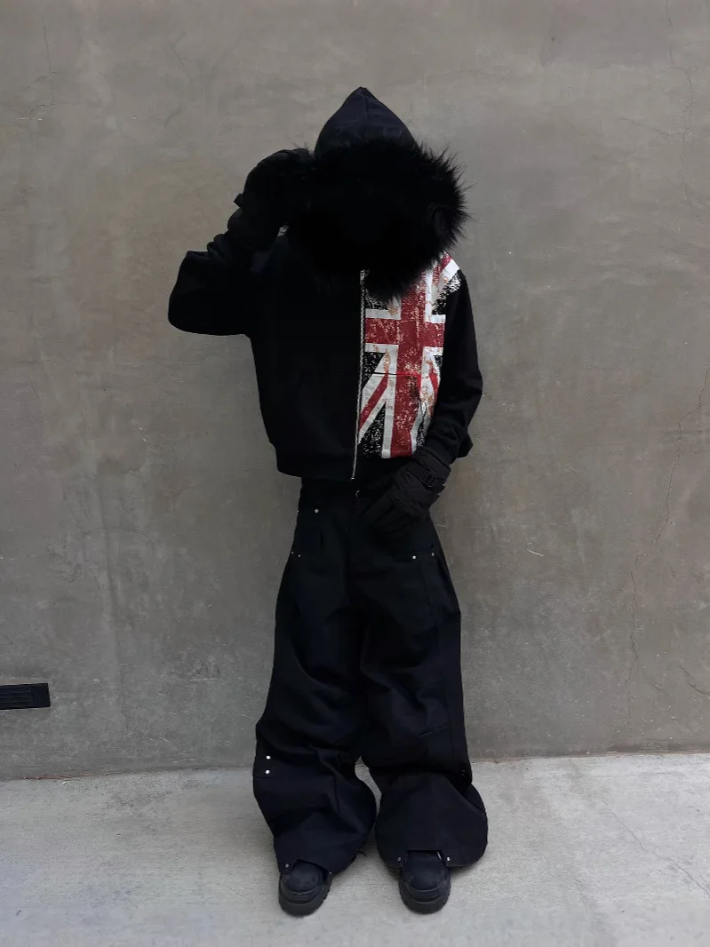 سترة علوية للربيع والخريف سترة بقلنسوة مطبوعة للجنسين سترة عصرية فضفاضة غير رسمية سترة هاراجوكو ريترو Y2K داكنة #3