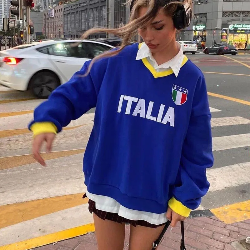 2023 Italia Flag Blue Letter Print Hoodies Grunge Y2k Spring New Long Sleeve Sweatshirt Women Basic T Shirt Casual V-neck Tops