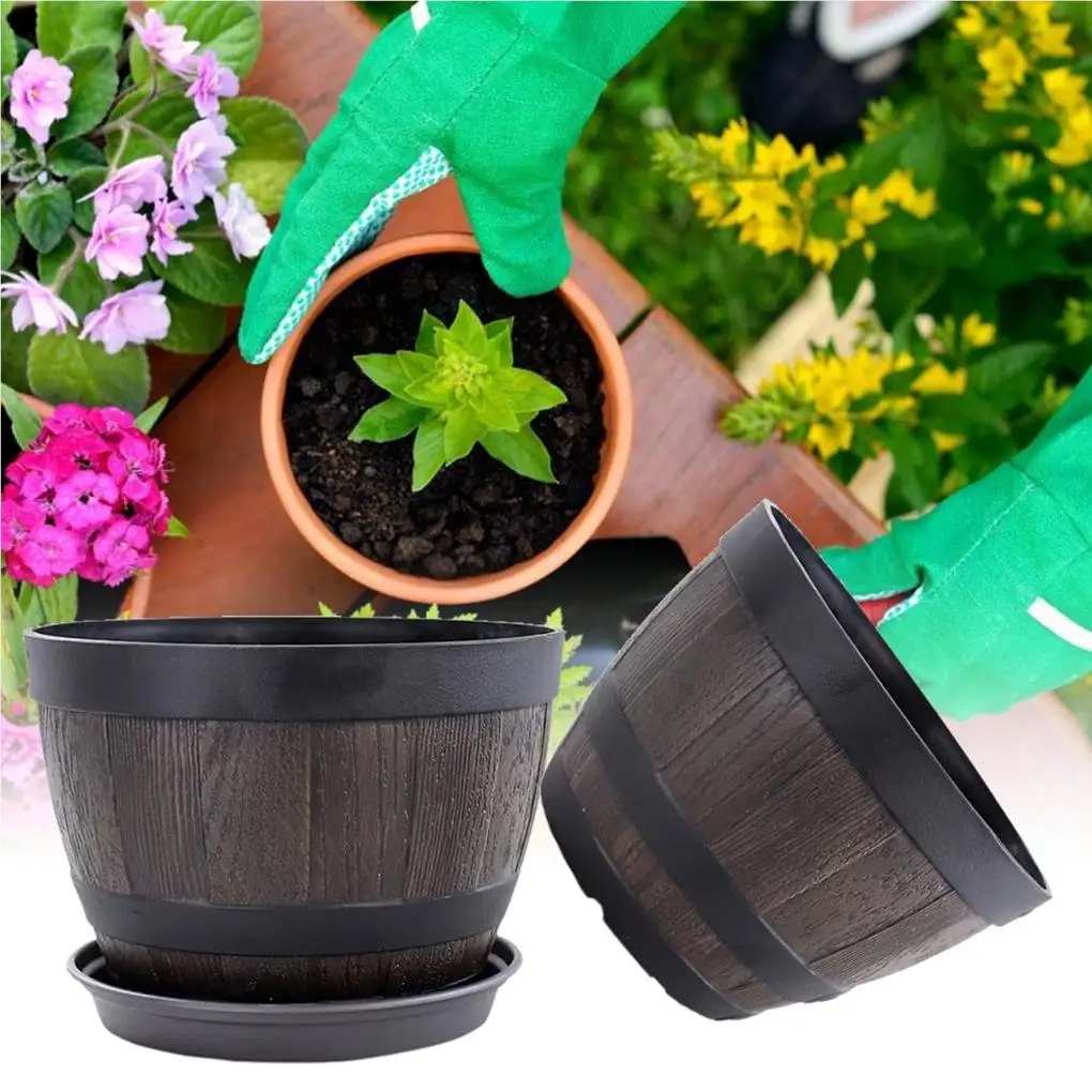 Simulation Wood Barrels Bottom Hole Resin Flower Pot Plant Container Vintage Style Planter Home Decoration Farmhouse