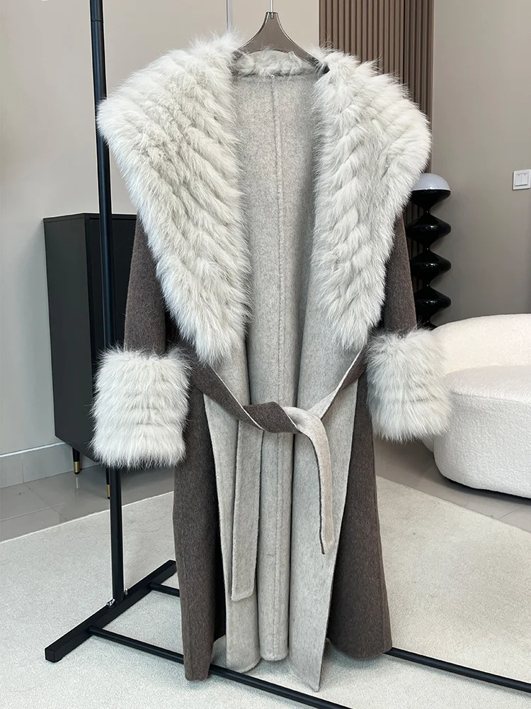 2025 핫 세일 겨울 여성용 천연 리얼 폭스 퍼 칼라 커프스 코트 울 울렌 재킷 여성 아우터웨어 럭셔리 재킷