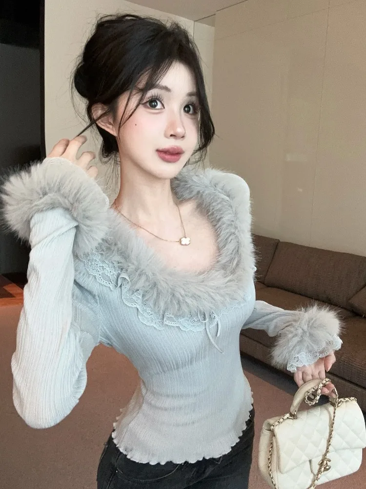 

Sweet Splice U-Neck Slim Fit T-Shirt Autumn Winter New Style Design Unique Slimming Top French Style Long Sleeve Breathable S...
