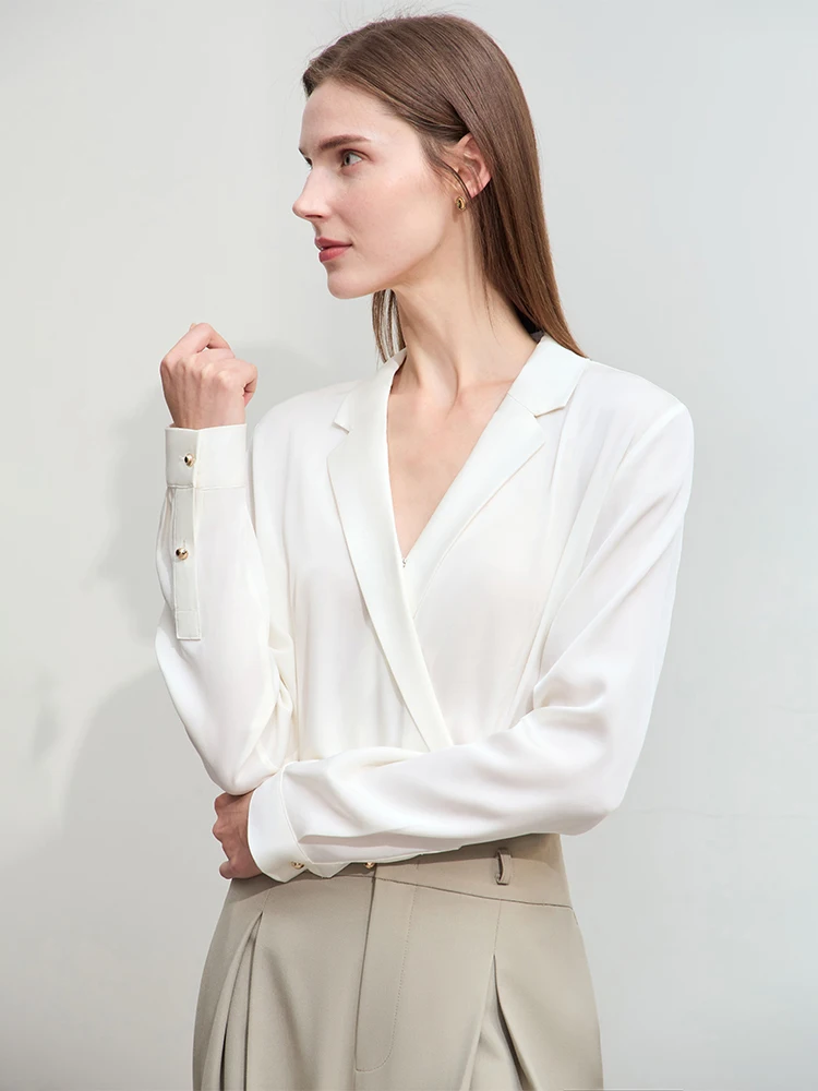 Amii Minimalism 2024 Spring Women Silk Blouse New Light Luxury Solid Lapel V-neck Side Placket Long-sleeve Soft Trendy 12441293