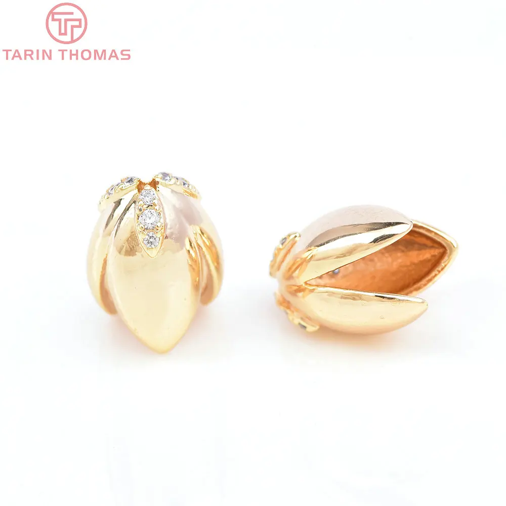 (3213) 4PCS 8x10.5MM 24K Gold Color Brass with Zircon  Bead Caps Connector  Quality DIY Jewelry Making Findings Accessorie