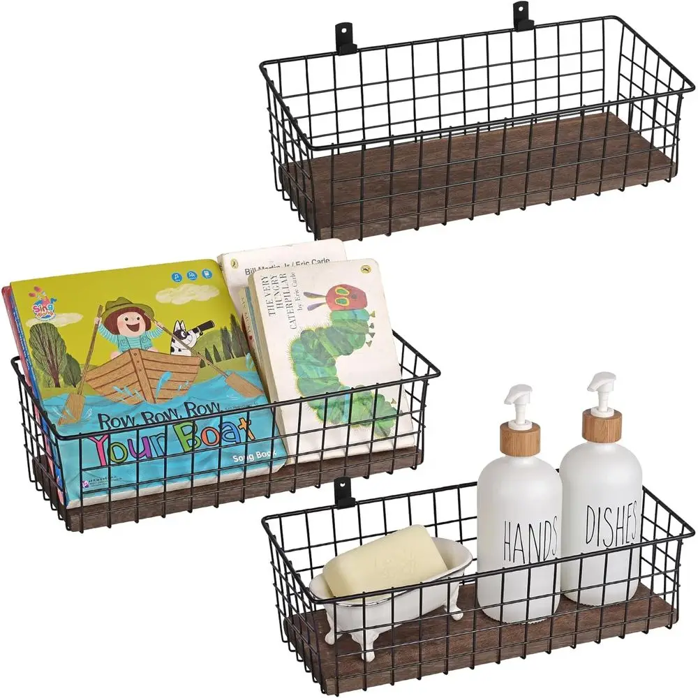 

Набор из 3-х больших настенных корзин в деревянном стиле с крючками и клейкими креплениями для хранения на кухне, офисе и в гараже.