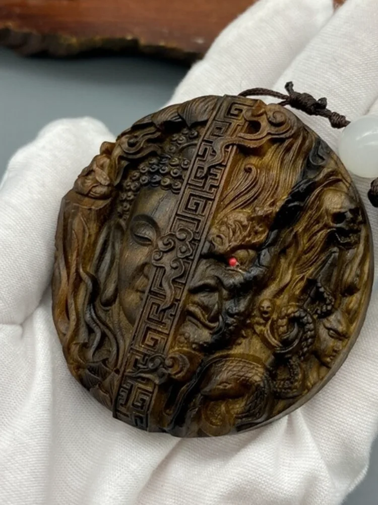 Agarwood Carved Buddha Devil Dual Face Statue Feng Shui Zen Gift Decor Car Bag Wearable Collectible Ornament