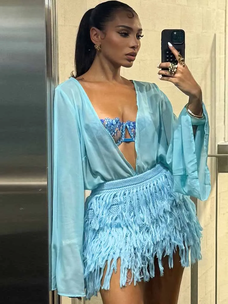 

MCDV Sexy Tassel Mini Skirt Set Women Matching See Through V Neck Long Sleeve Tops Outfit 2025 Autumn Lady Club Party Clothing
