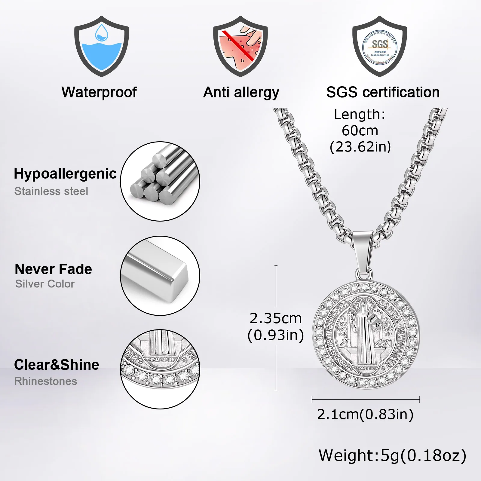 Luxury St. Benedict Medal Necklace for Men,Hip Hop Stainless Steel CZ Saint Benedict Pendant Necklace,Religious Jewelry - view 4