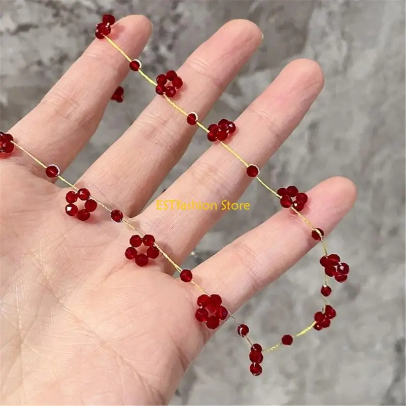 Y5GC Fashionable Multifaceted Bead Necklace Red Flower Lightweight Hypoallergenically Jewelry