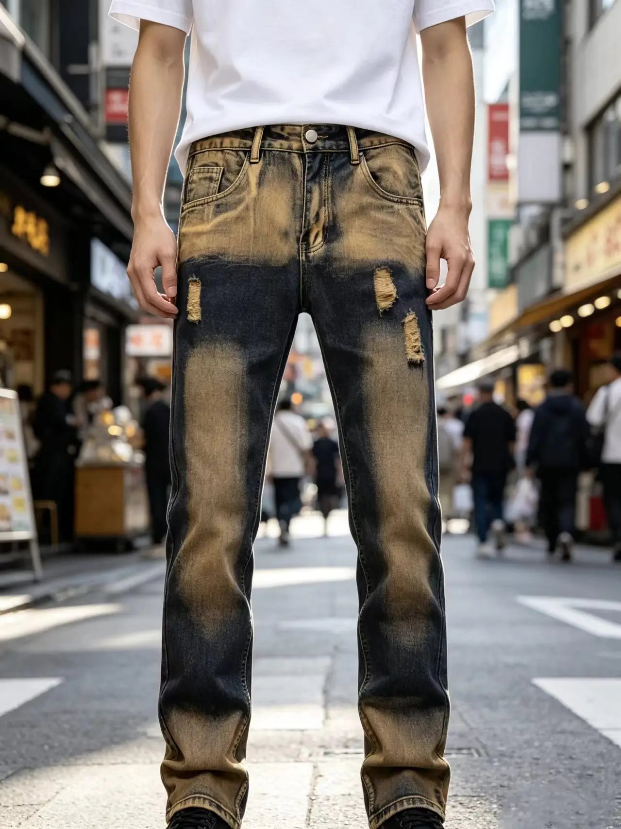 

Men's Slim Fit Straight Ripped Jeans Yellow Non-Stretch Denim Long Pants European American Style Fashion Casual Trousers