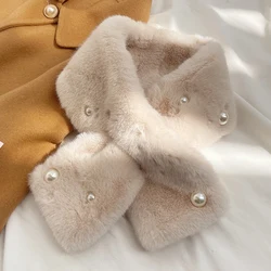 2023 Pearl Faux Rabbit Fur Scarf Women Cute Neck Warmer Winter Warm Soft Furry Scarves Outdoor Windproof Cross Scarf Collar New