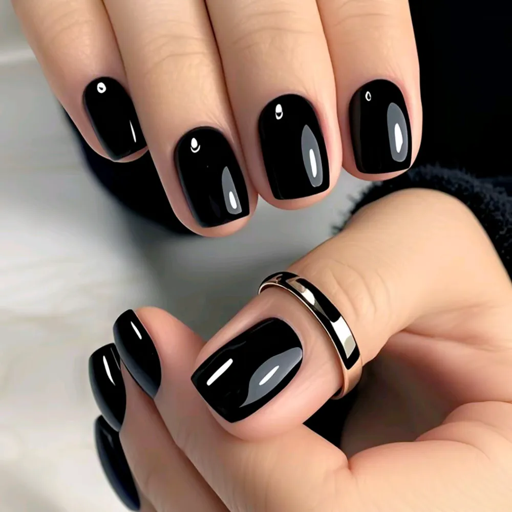 

48Pcs Glossy Black False Nails Press Ons With Glue Short Square Acrylic Fake Nail For Woman Fingertips DIY Manicure Accessory