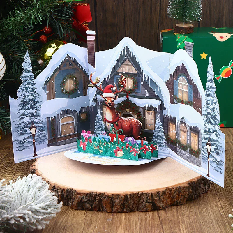 قطعة واحدة من بطاقة عيد الميلاد ثلاثية الأبعاد مع منزل شتوي ثلجي ومغلف بتصميم ELK متضمن تحية احتفالية لأصدقاء العائلة #3