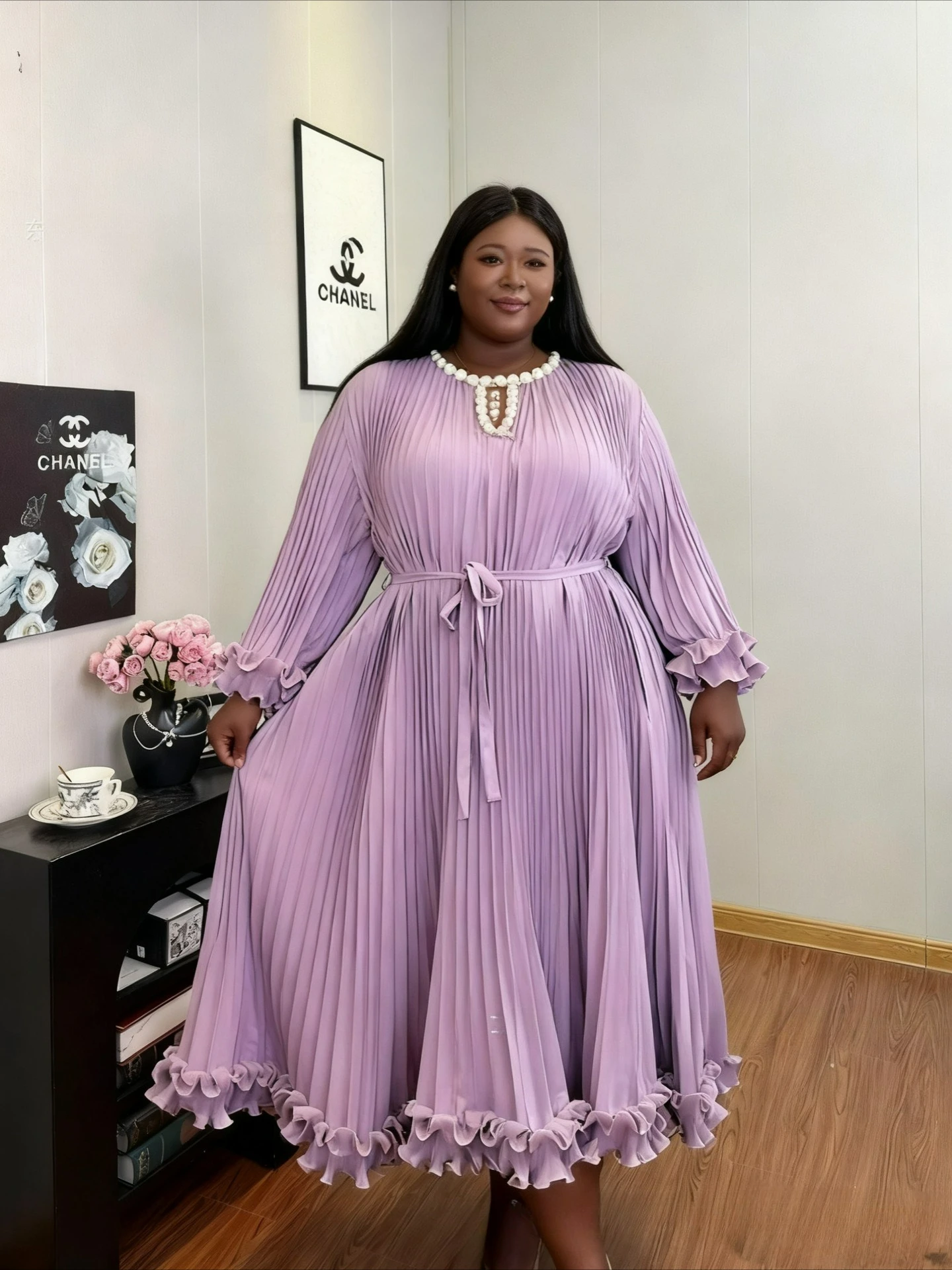 2025 Autumn New Round Neck Long-sleeved Women's Clothing Miyake Pleated Loose Dress Pleated Fish Silk Thread Long Dress