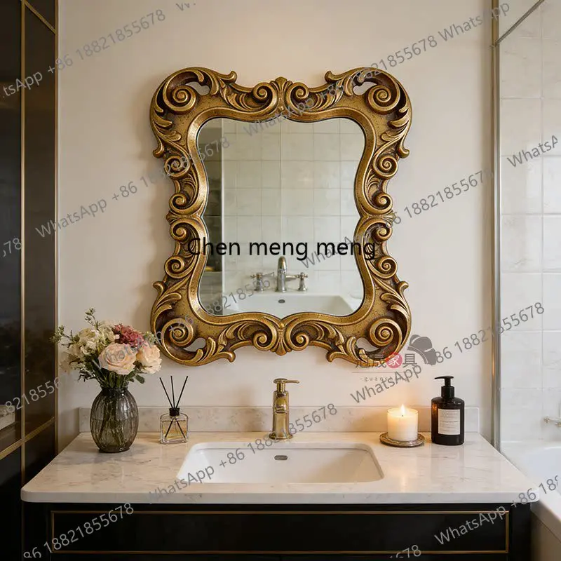 

European retro carved fireplace decorative mirror wall-mounted special-shaped bathroom mirror French luxury bedroom