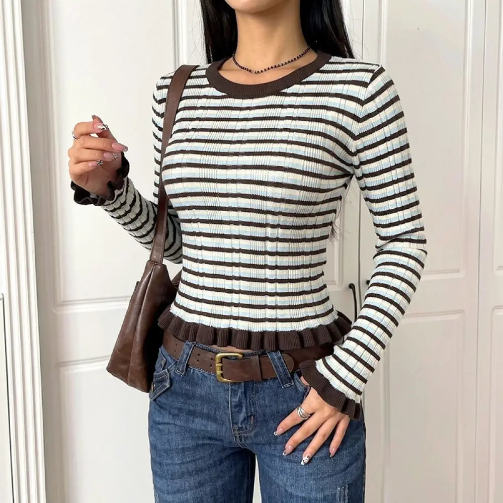 Vintage Style Stripe Sweater Women O Neck Flare Sleeve Pullover Slim Fit Autumn Casual Soft Knitwear Fashion Crop Top 5