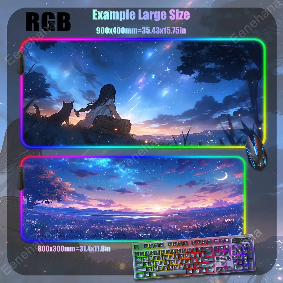 

Mouse Pad RGB Anime clouds Desk Mat girls Gaming Mousepad Japanese Night moon Black Landscape XXL Large LED RGB Gaming Deskmat