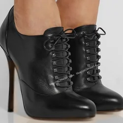 Black Lace Up Shallow Matte Boots Thin High Heel Round Toe Fashionable Sexy 2025 Summer Big Size Woman Shoes Zapatillas Mujer