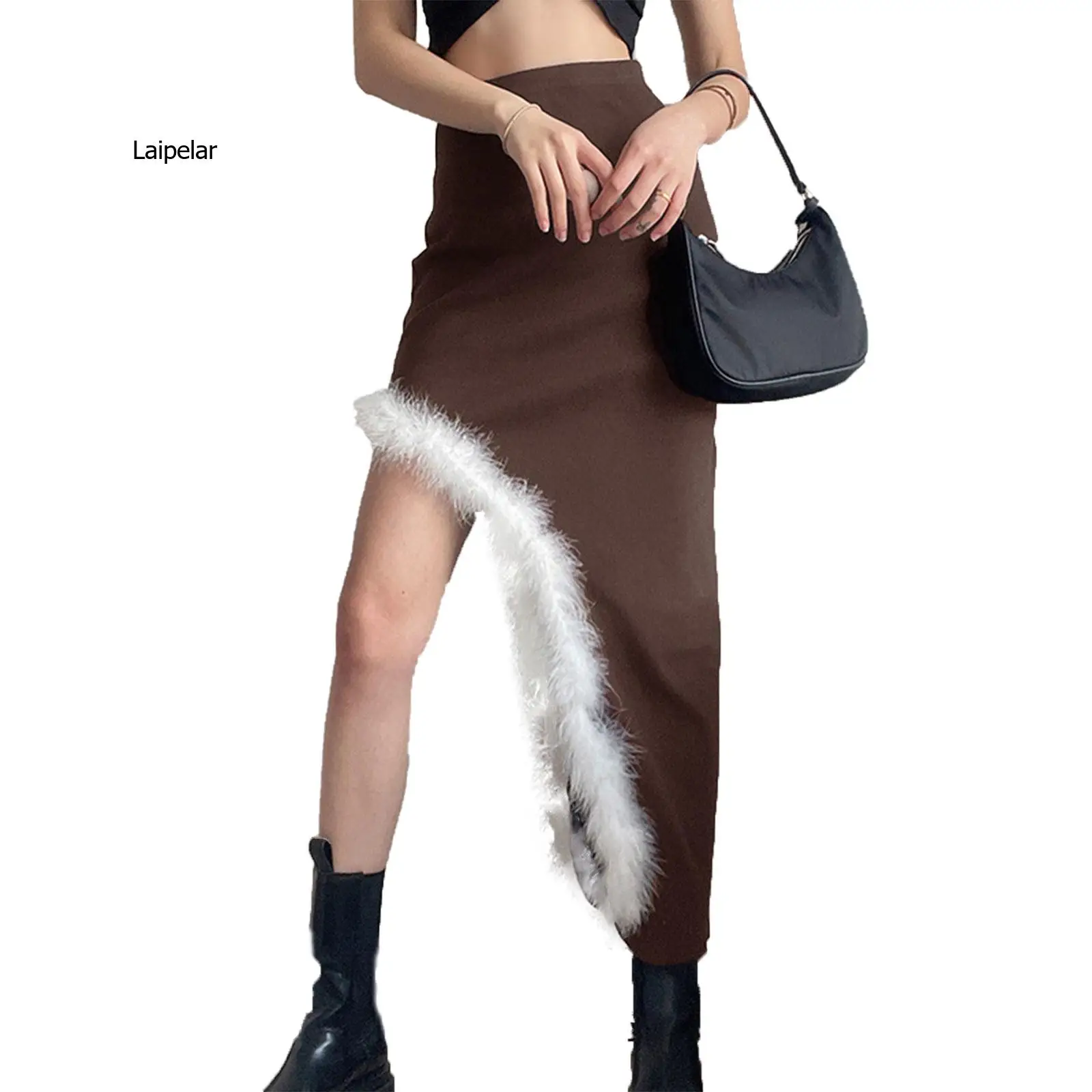 Womens Fashion Solid Color Skirt Personality High Waist Furry Edge Asymmetric Tight Mid-length Skirt