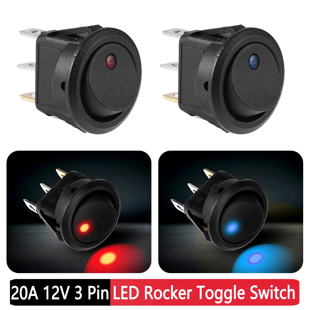 1/5pcs 20A 12V Red Blue LED Light Rocker Toggle SPST Switch Light Illuminated 3 Pin Car Auto Boat Truck On Off Round Dot