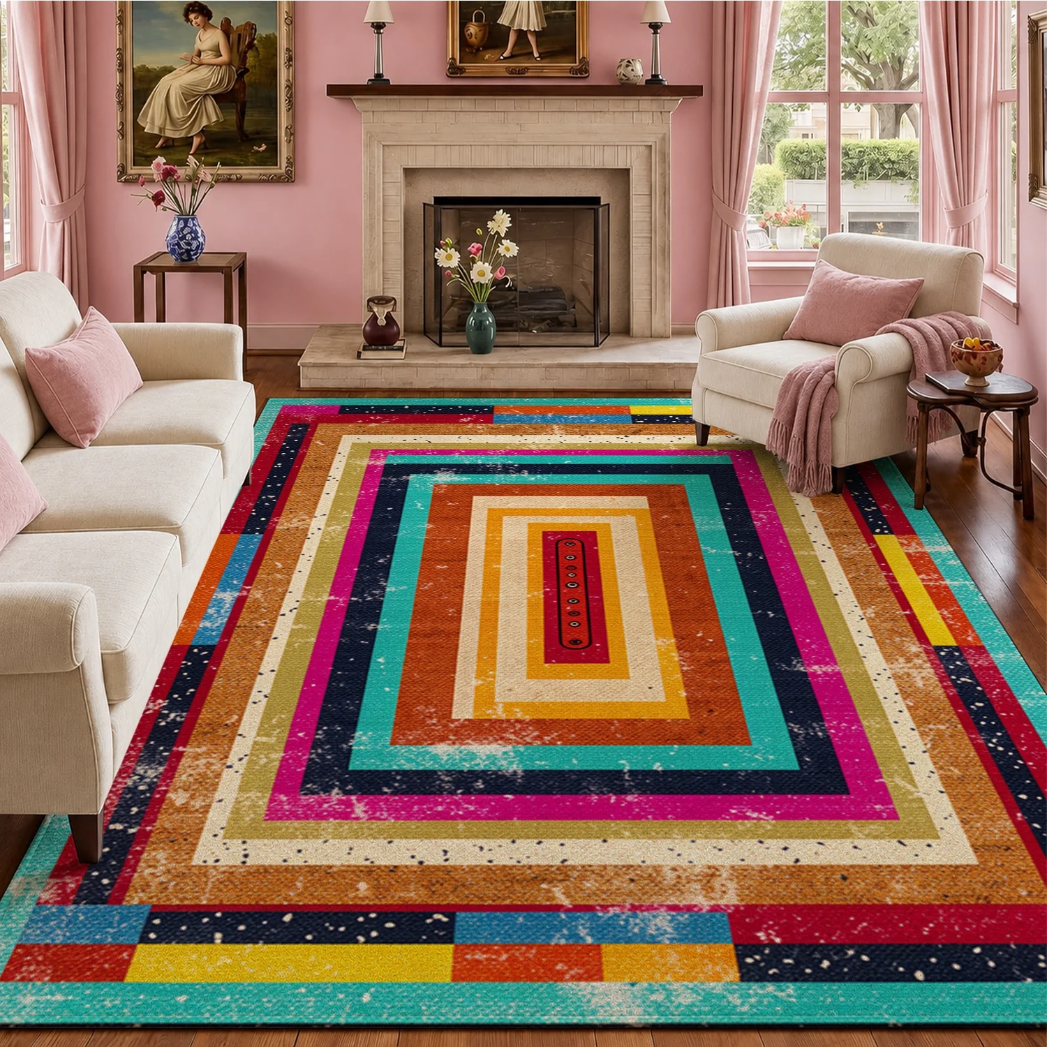 Vintage Colorful Geometric Concentric Rectangles Area Rug, Velvet, Machine Washable, Ideal for Living Room, Bedroom, Entryway, Suitable for Halloween, Thanksgiving, Christmas, New Year, Black Friday, Home Decor