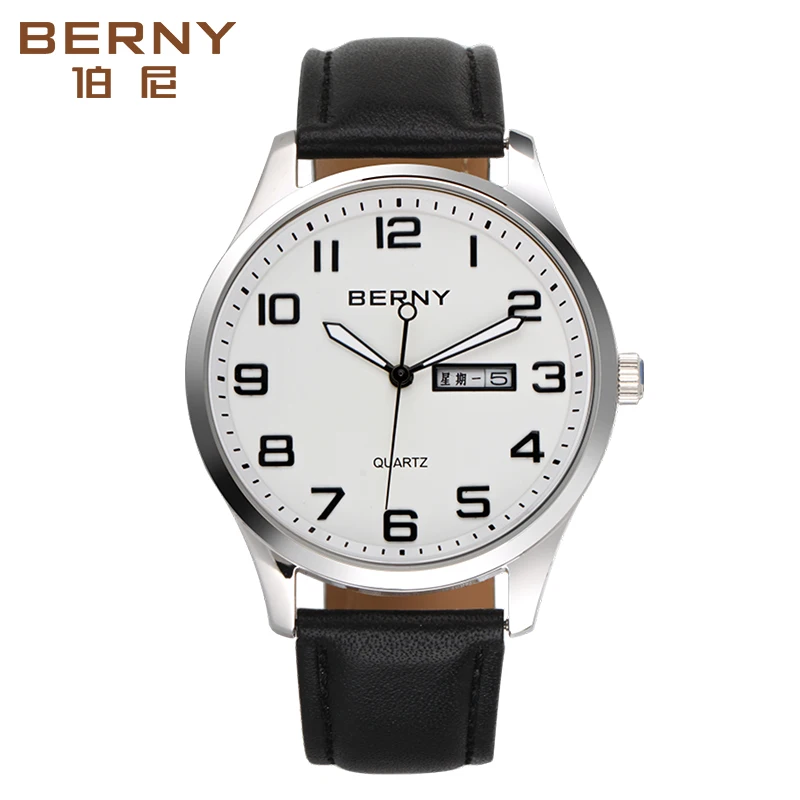 BERNY Men Quartz Watch Miyota 2105 Date Calendar Genuine Leather Classic 3ATM Waterproof Male Dress Business Wristwatch