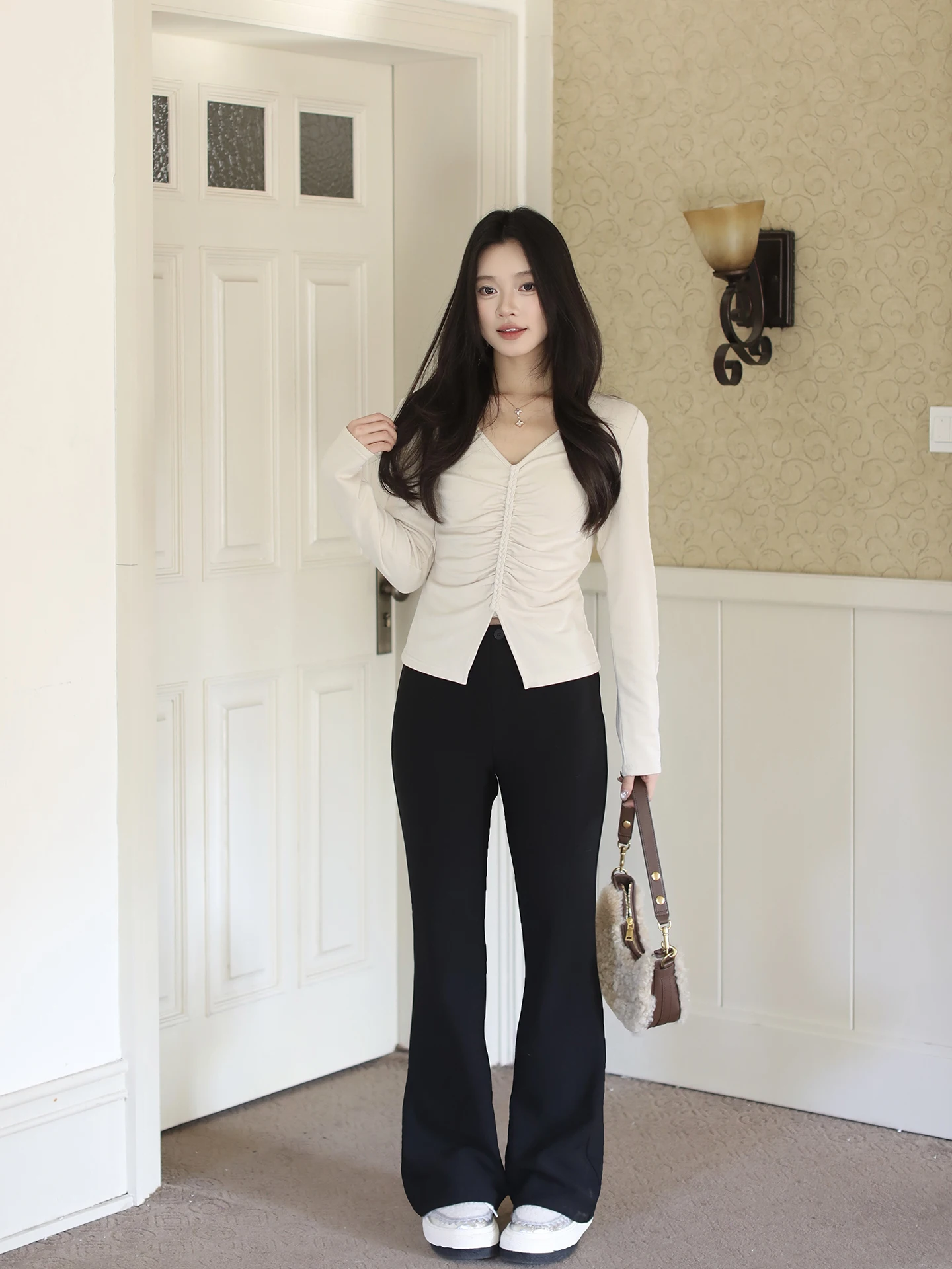 

Fce Lined High Waist Bootcut Pants ME Slimming Texook Casual Pants Versatile Warm Winter Straight Leg Trousers for Women