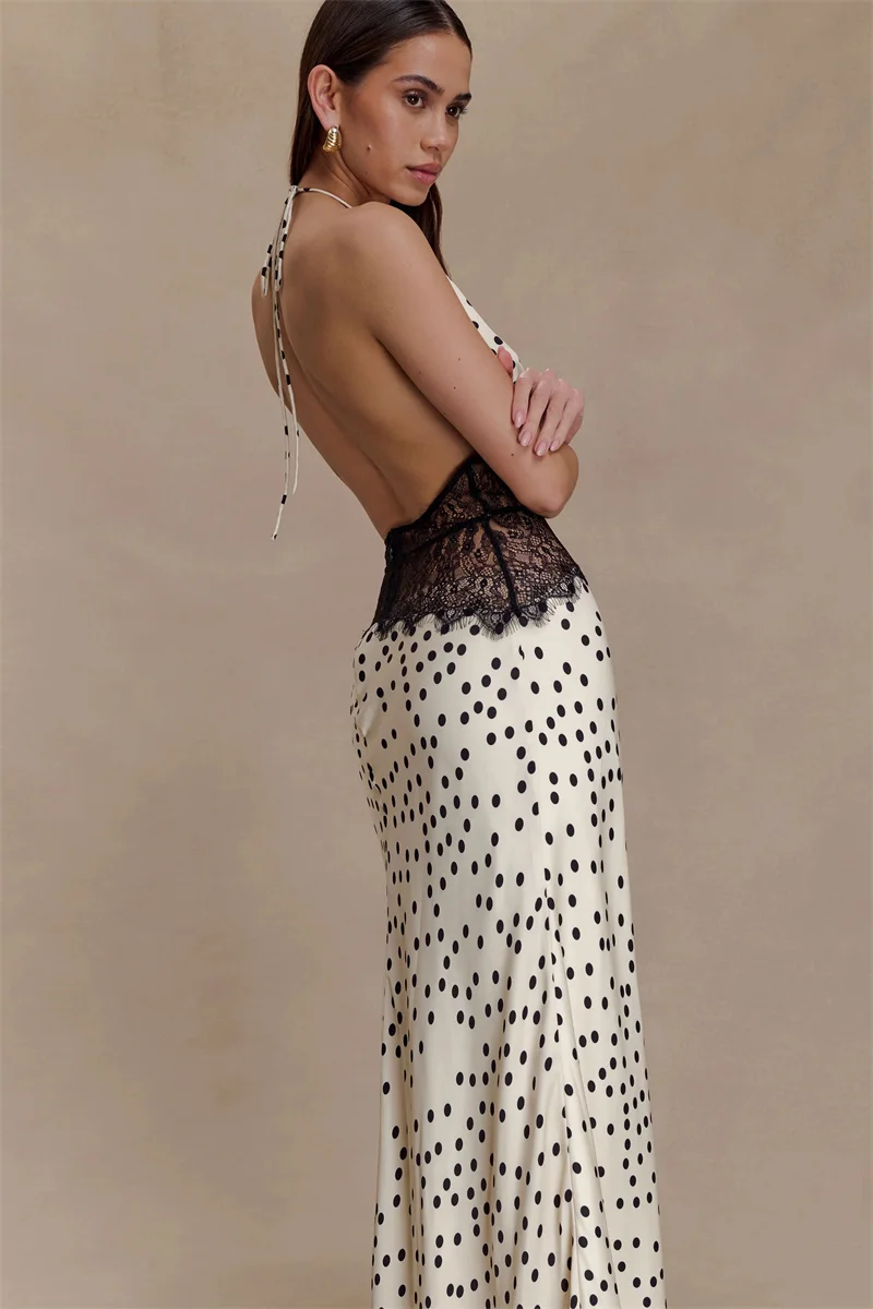 Mozision Polka Dot Rückenfreies Sexy Maxikleid Damen Kleid Elegantes Patchwork Spitze Neckholder Tiefer V-Ausschnitt Ärmelloses, figurbetontes Clubkleid – Detail 14