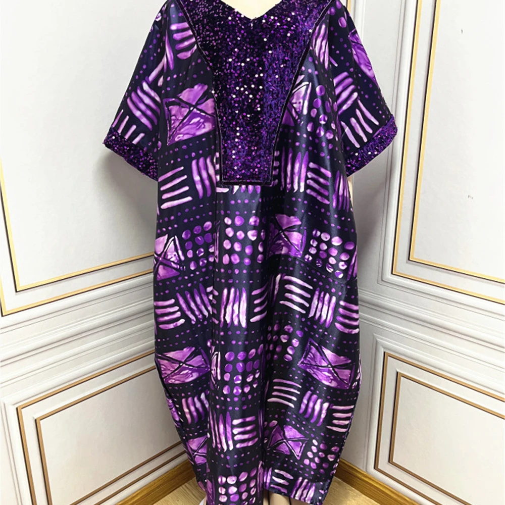 2023 Sequin Muslim Print Loose Robe with Headscarf African National Style Robe Dress 0187#