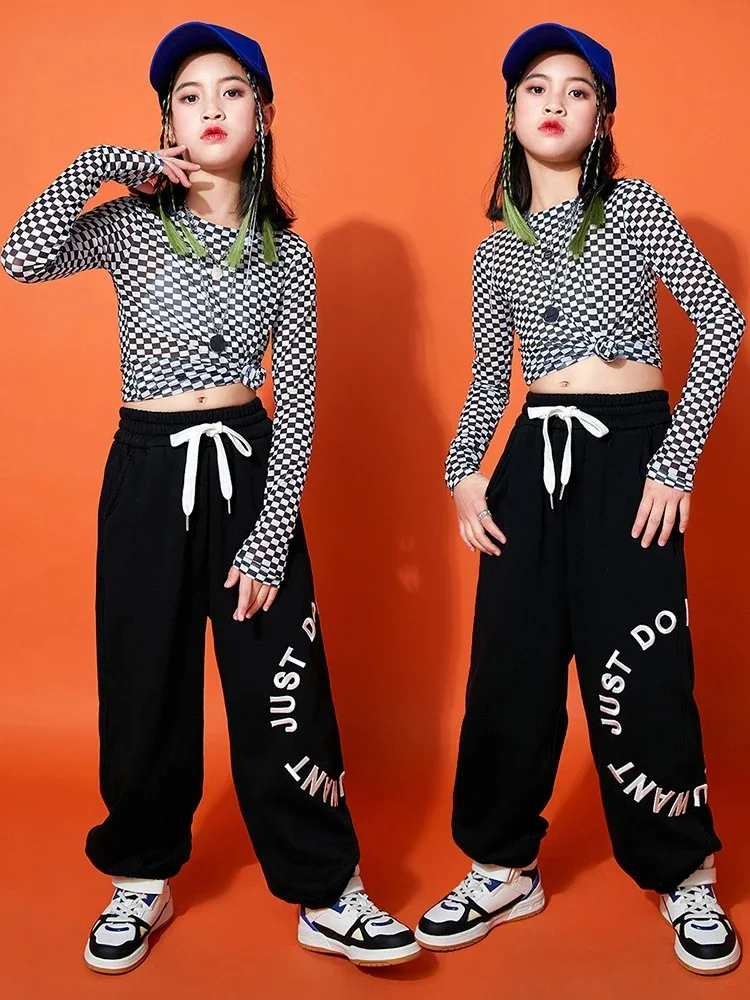 Tops Cargo Pants Tooling Modern Dance Performance Wear 2024 Kids Hip Hop Costume For Girls Kpop Jazz Dance Clothes Plaid