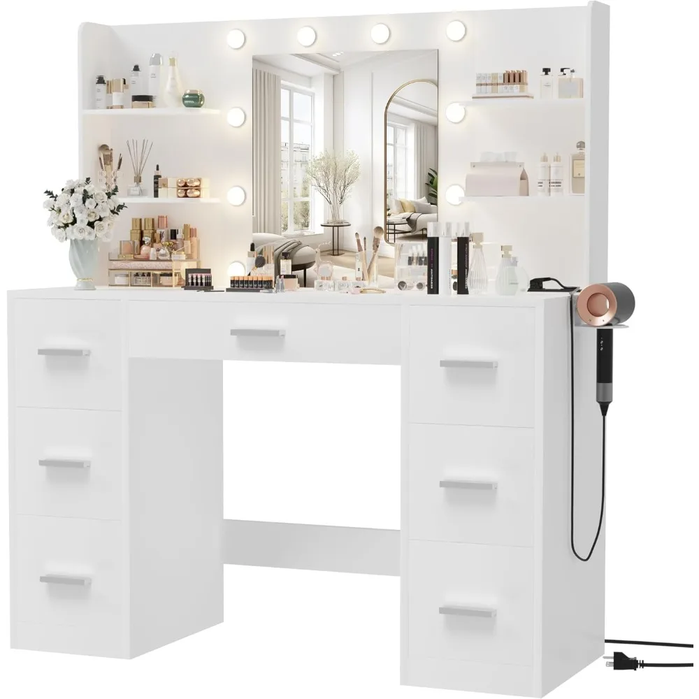 

Vanity Desk with Mirror, LED Lights and Power Outlet Makeup Vanity Table with 7 Drawers and 6 Storage Shelves Dressing Table fo