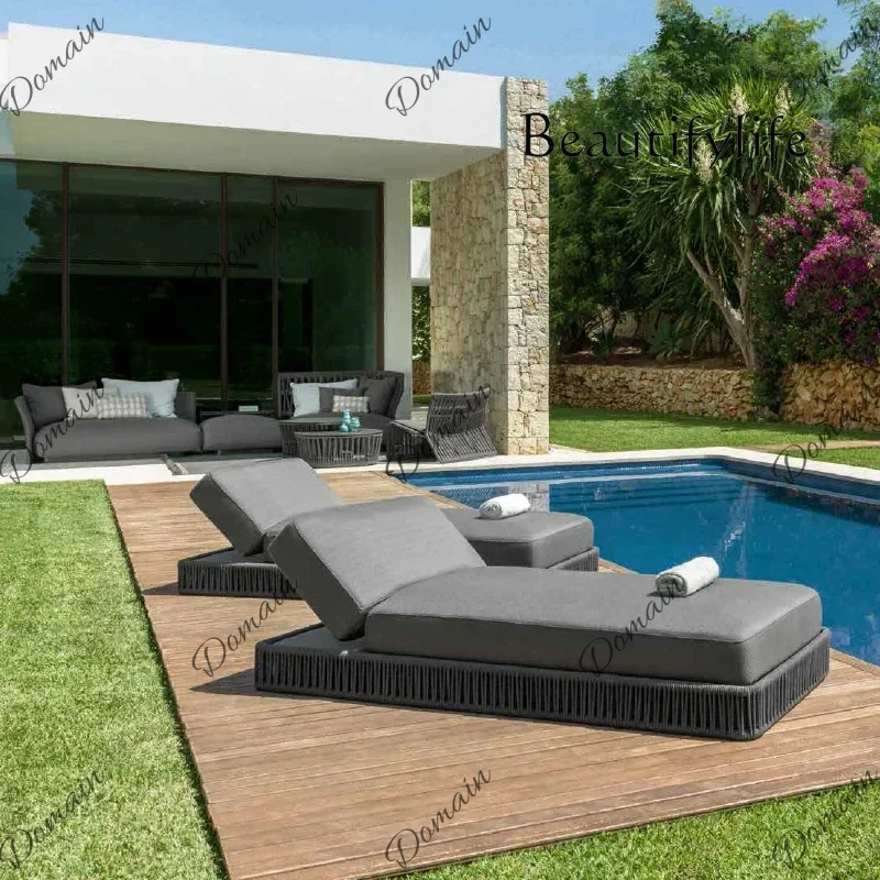 PJX BJ Hotel Garden Sun Loungers Outdoor Exterior Aluminum Rope Chaise Lounge Chair Sunbed