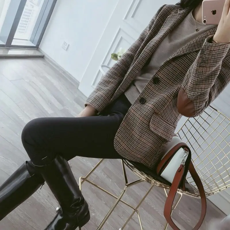 British Style Slim Women Plaid Blazers Patch Elbow Patchwork Women Classic Blazers Coat Formal Lady Single Breasted Outwear Coat