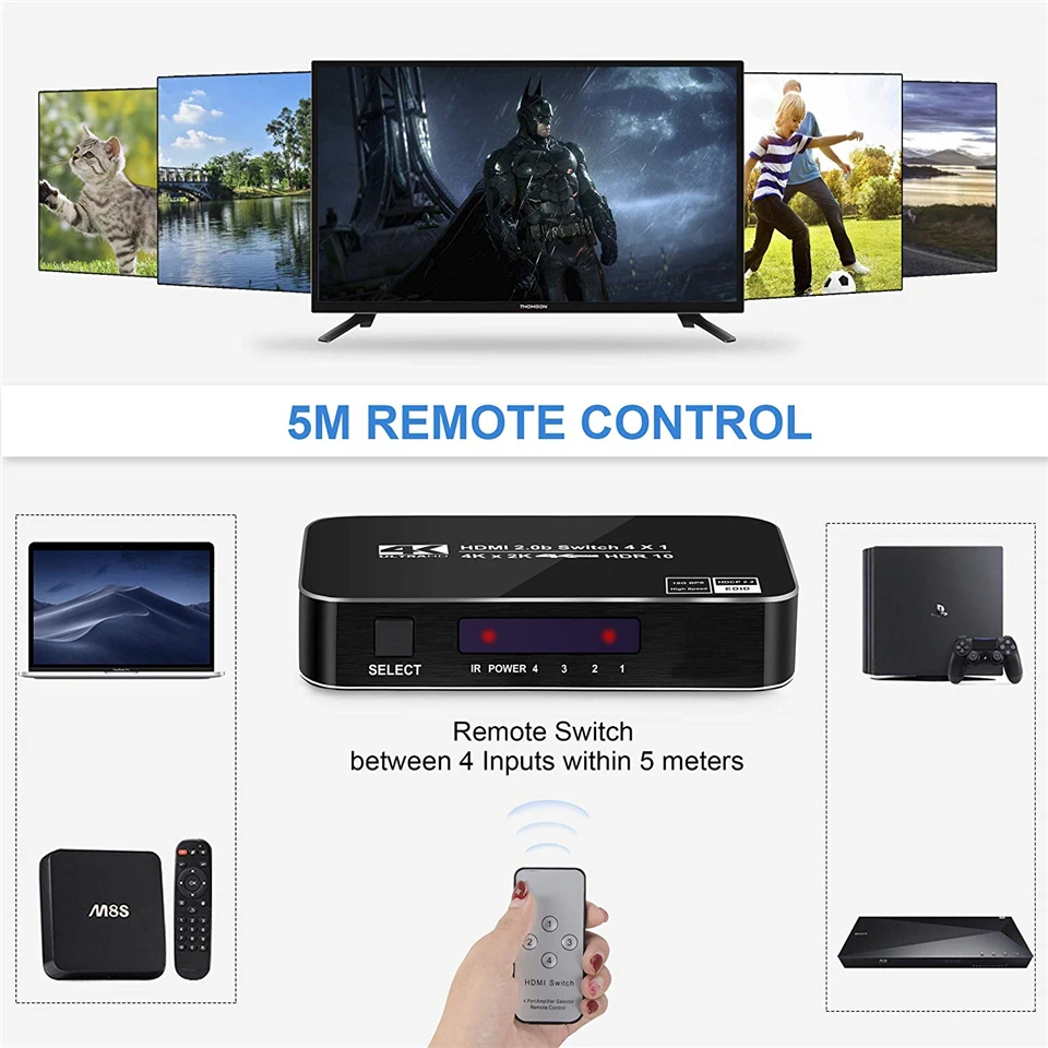 2022พอร์ต4พอร์ต18Gbps HDR 4K HDMI 2.0 4X1สนับสนุน HDCP 2.2 HDMI Switch HUB กล่อง IR Mini HDMI Switch Remote สำหรับ PS4 360