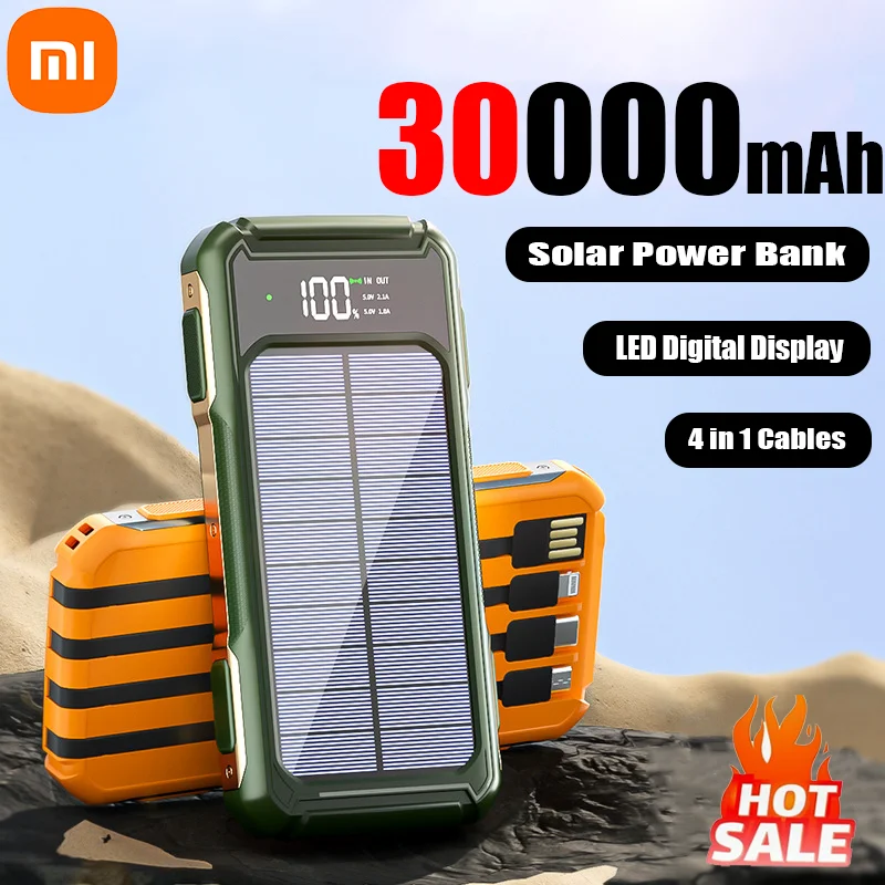 Xiaomi 30000mAh High Capacity Solar Power Bank 4 w 1 Wbudowane kable Inteligentny cyfrowy wyświetlacz Laser Light dla Samsung Apple