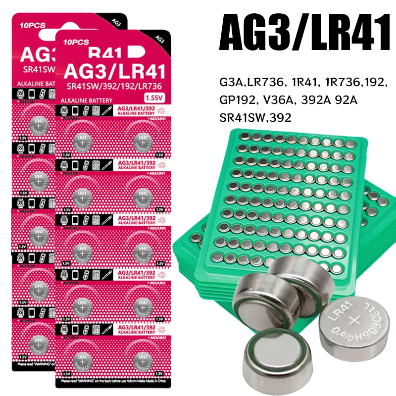 AG3 LR41 1.55V 40mAh Button Battery Cell Coin Lithium Batteries SR41 192 L736 384 SR41SW CX41 LR41 392 Long for Watch Car RC Key