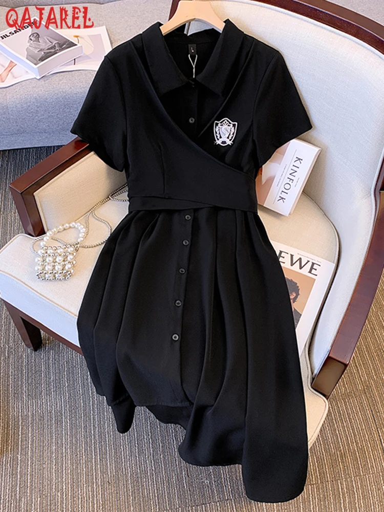 

Women Black Solid Color Vest Patchwork Polo Dress Summer New Fake Two Pieces Embroidery Elegant Dress Bow Tie Belt Evening Dress