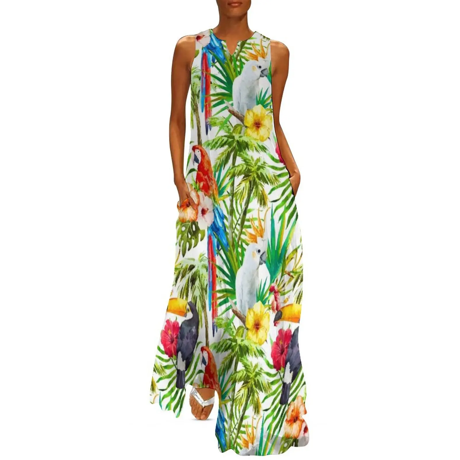 Tropical Parrot, Cockatoo and Toucan Rainforest Long Dress summer dress loose summer dress fairy