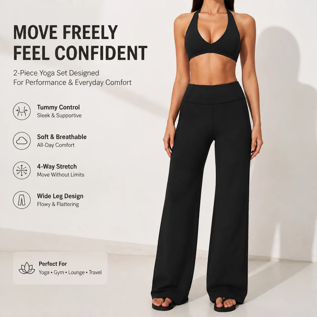 Women's Halter Deep V-Neck Sports Bra and High Waist Wide Leg Yoga Pants Set 2-Piece Workout Outfit with Tummy Control Flowy Lou