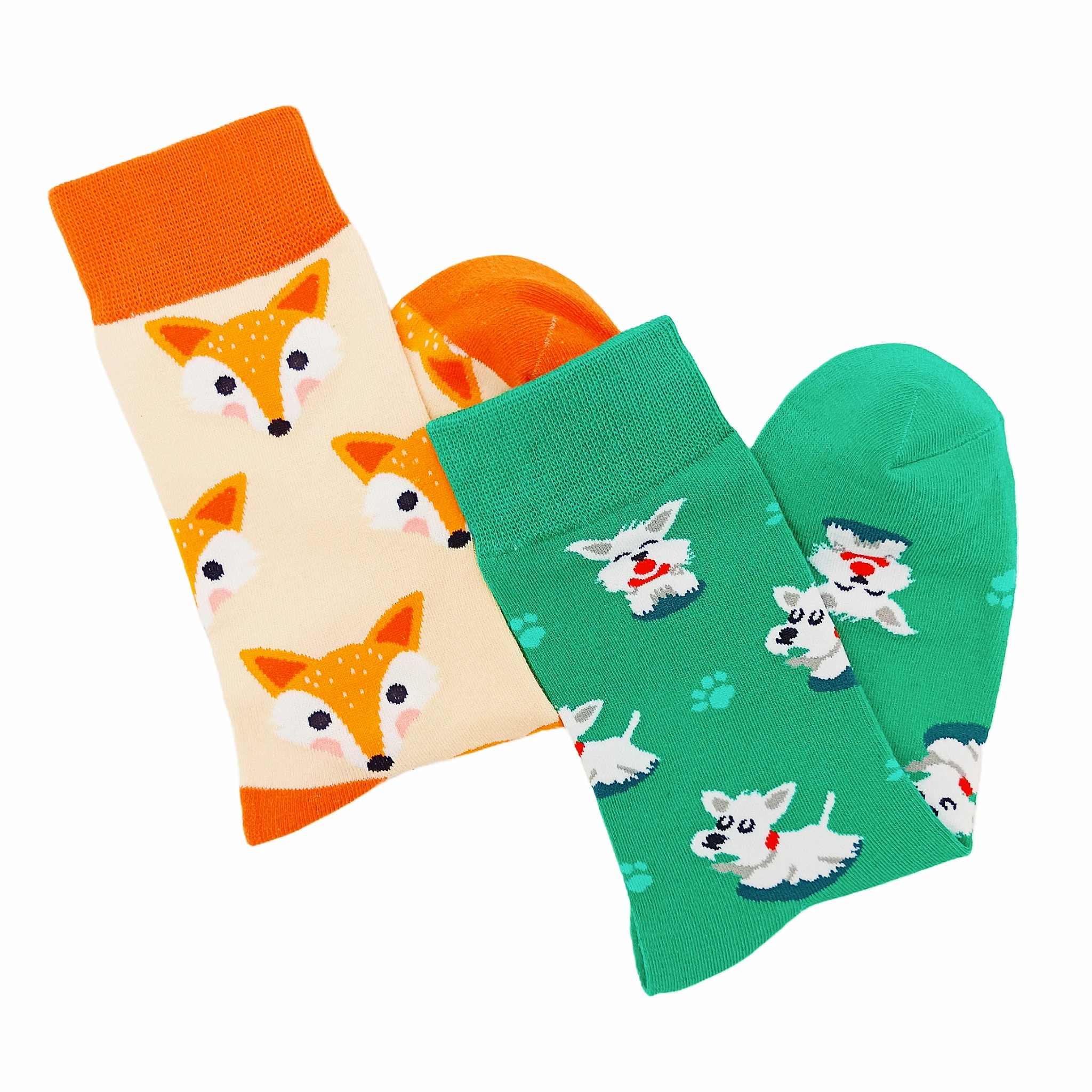 2 pairs of puppy and fox animal series fashionable and colorful autumn and winter mid-calf socks for women